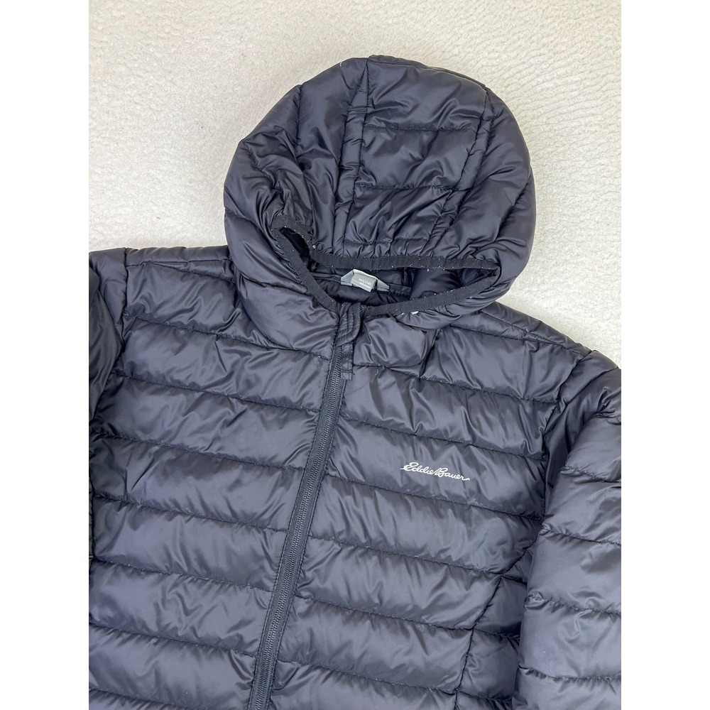 Eddie Bauer Puffer Jacket Kids Large 14 Black Hooded Down Quilted U31OW824 - Picture 3 of 13